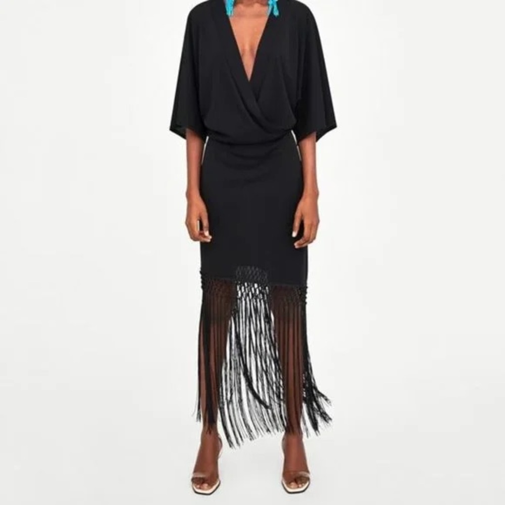 Zara Drape Fringe Dress NWOT
